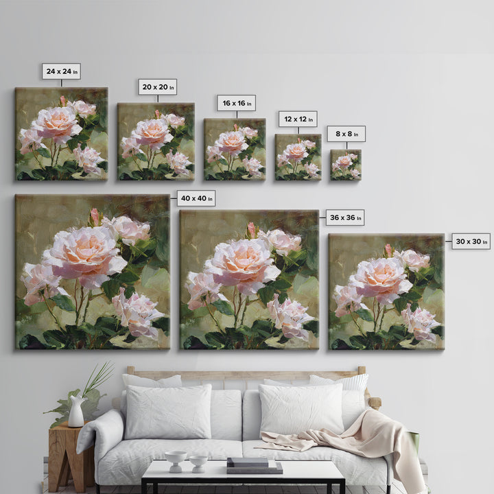 Garden Roses in Romantic Oil Paint Framed Canvas Print, Bed and Breakfast Art, Neutral Decor, Living Room Decor, Oil Painting, BAB-1x1-21