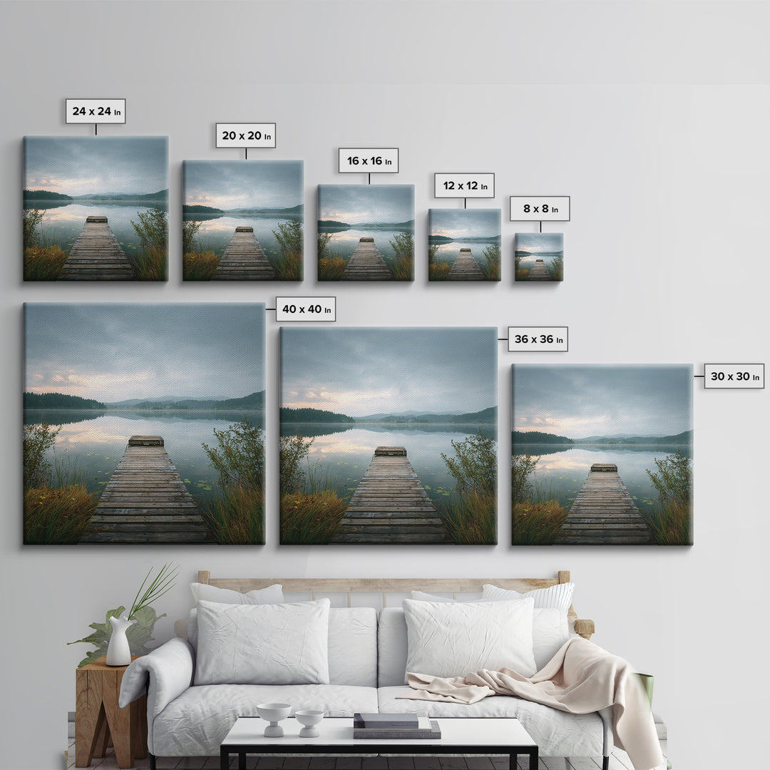 Quiet Lake Dock at Early Morning Canvas Print, Bed and Breakfast Art, Farmhouse Wall Decor, Living Room Decor, Fine Art, BAB-1x1-22