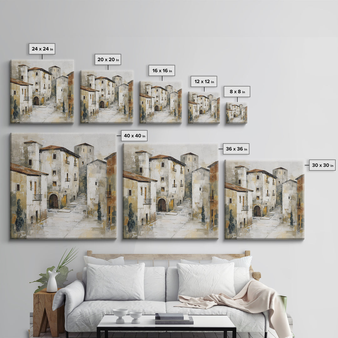 Soft Watercolor Village Street at Dawn Canvas Print, Bed and Breakfast Art, Textured Painting, Living Room Decor, BAB-1x1-29