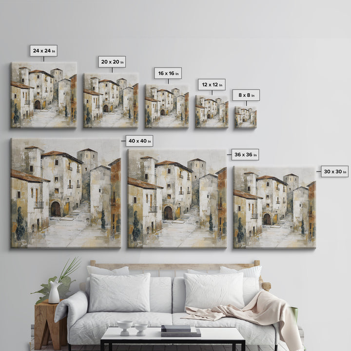 Soft Watercolor Village Street at Dawn Canvas Print, Bed and Breakfast Art, Textured Painting, Living Room Decor, BAB-1x1-29