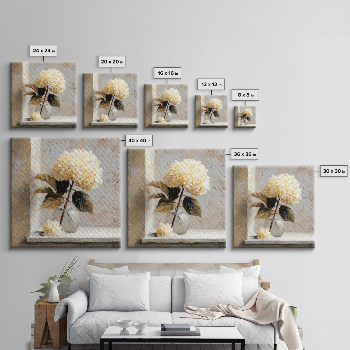 Sunlit Hydrangeas on a Windowsill Canvas Print, Bed and Breakfast Art, Rustic Home Decor, Living Room Decor, BAB-1x1-34