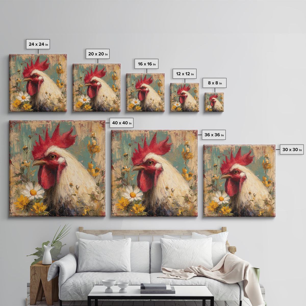 Rooster and Wildflower Country Portrait Canvas Print, Bed and Breakfast Art, Farmhouse Wall Decor, Living Room Decor, BAB-1x1-43