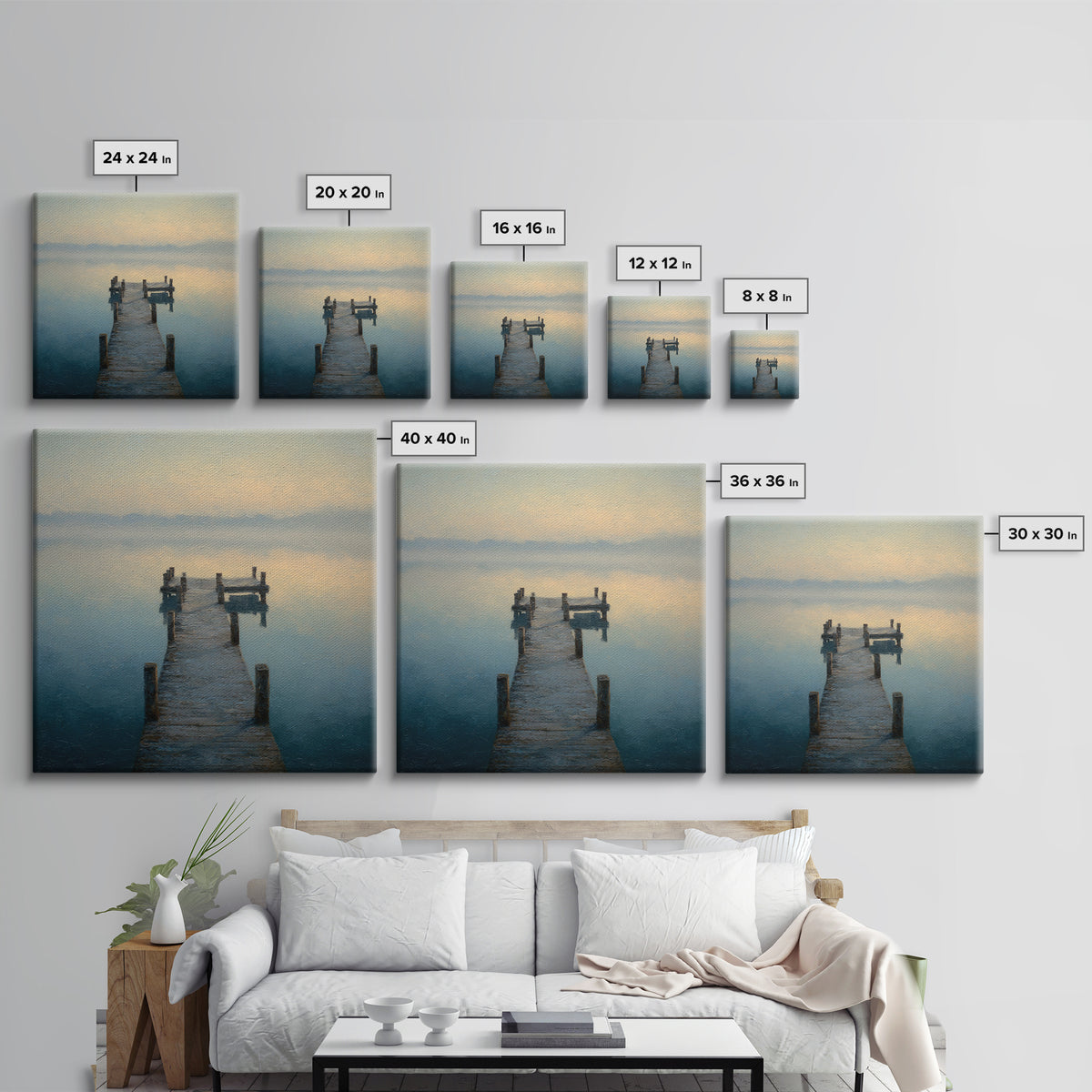 Quiet Lake Dock at Early Morning Framed Canvas Print, Bed and Breakfast Art, Coffee Wall Art, Living Room Decor, Oil Painting, BAB-1x1-46