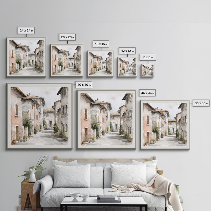 Soft Watercolor Village Street at Dawn Canvas Print, Bed and Breakfast Art, Textured Painting, Living Room Decor, BAB-1x1-53