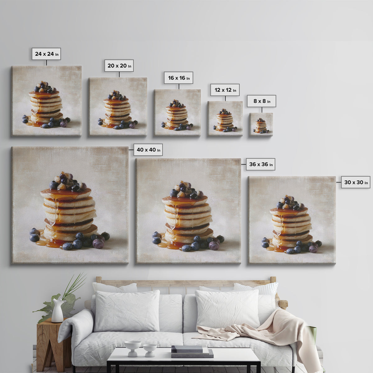 Blueberry Pancakes Still Life Framed Canvas Print, Bed and Breakfast Art, Abstract Art, Living Room Decor, Fine Art, BAB-1x1-56