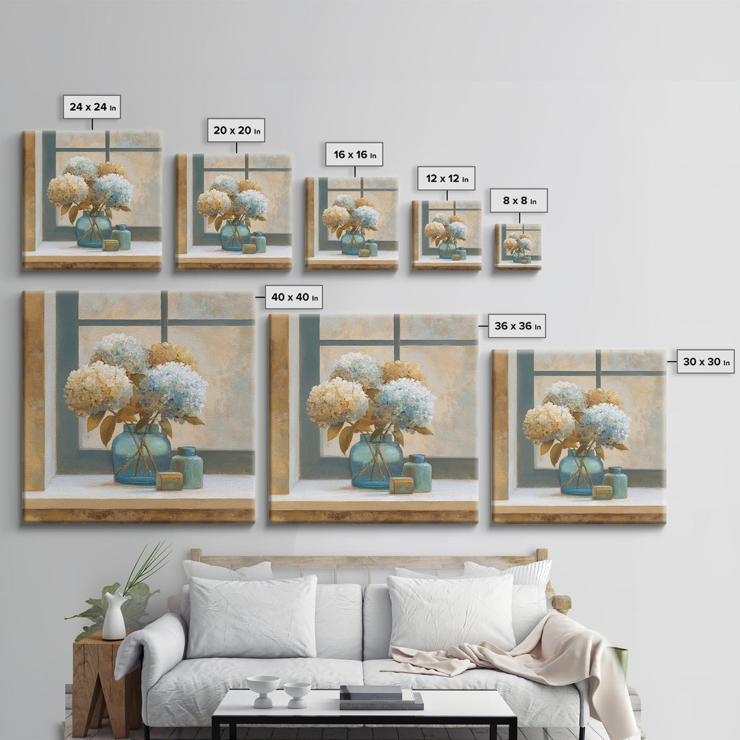 Sunlit Hydrangeas on a Windowsill Canvas Print, Bed and Breakfast Art, Rustic Home Decor, Living Room Decor, BAB-1x1-58