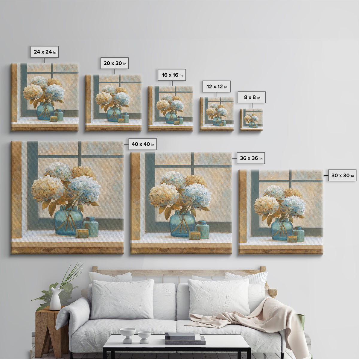 Sunlit Hydrangeas on a Windowsill Canvas Print, Bed and Breakfast Art, Rustic Home Decor, Living Room Decor, BAB-1x1-58