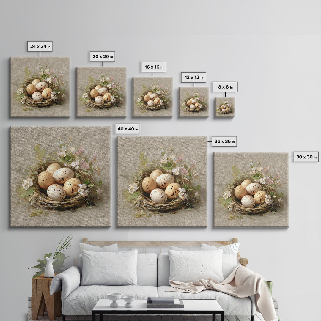 Fresh Eggs in a Woven Basket with Framed Canvas Print, Bed and Breakfast Art, Coffee Art, Living Room Decor, Watercolor Art, BAB-1x1-6