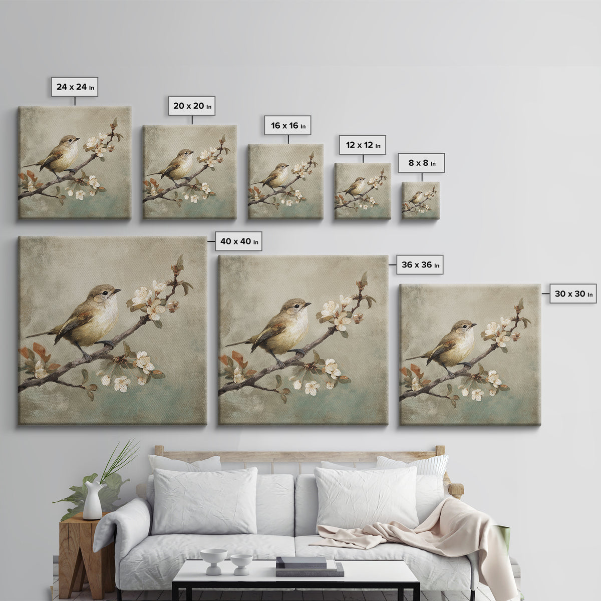 Small Bird on a Flowering Branch Framed Canvas Print, Bed and Breakfast Art, Gallery Decor, Living Room Decor, Fine Art, BAB-1x1-62