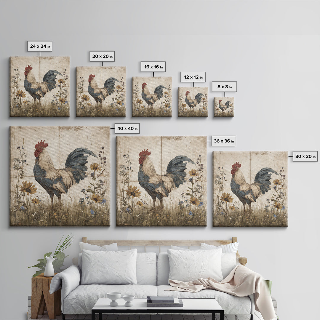 Rooster and Wildflower Country Portrait Canvas Print, Bed and Breakfast Art, Modern Decor, Living Room Decor, BAB-1x1-67