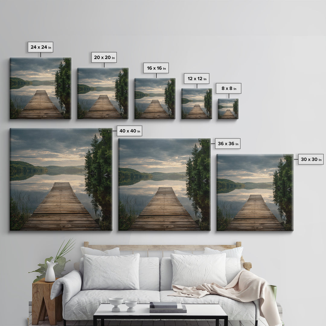 Quiet Lake Dock at Early Morning Framed Canvas Print, Bed and Breakfast Art, Coffee Wall Art, Living Room Decor, Oil Painting, BAB-1x1-70