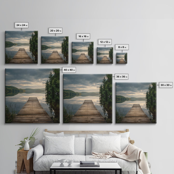 Quiet Lake Dock at Early Morning Framed Canvas Print, Bed and Breakfast Art, Coffee Wall Art, Living Room Decor, Oil Painting, BAB-1x1-70