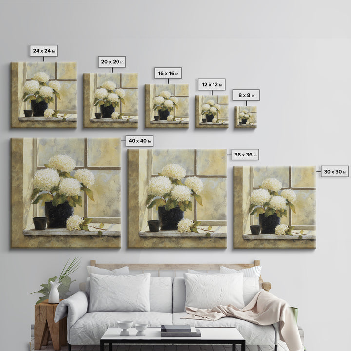 Sunlit Hydrangeas on a Windowsill Canvas Print, Bed and Breakfast Art, Boho Decor, Living Room Decor, Oil Painting, BAB-1x1-82