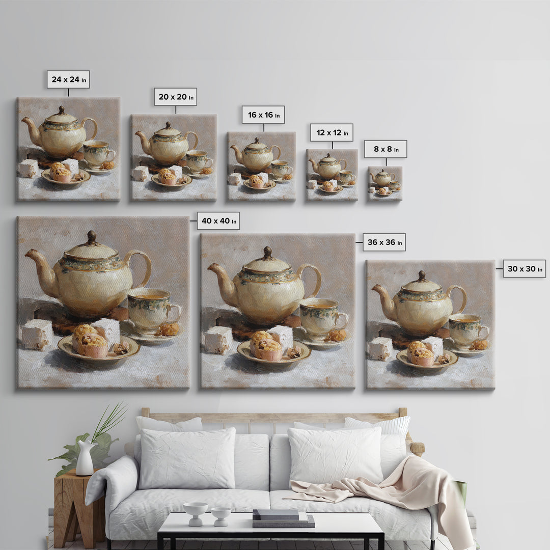 Porcelain Teapot and Scones Framed Canvas Print, Bed and Breakfast Art, Bedroom Prints, Living Room Decor, Abstract Art, BAB-1x1-84