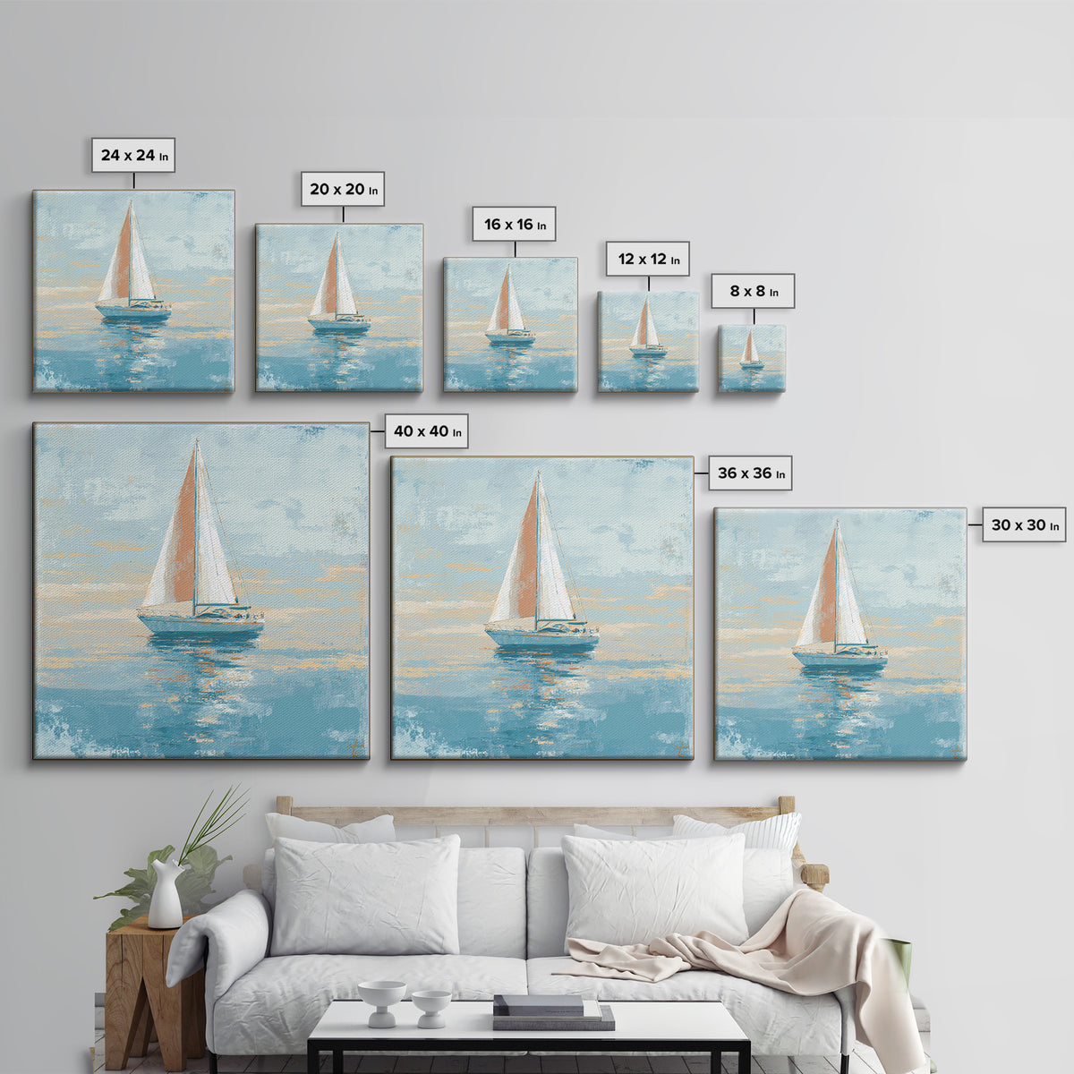 Coastal Inn Sailboat at Sunrise Canvas Print, Bed and Breakfast Art, Contemporary Art, Living Room Decor, Fine Art, BAB-1x1-89