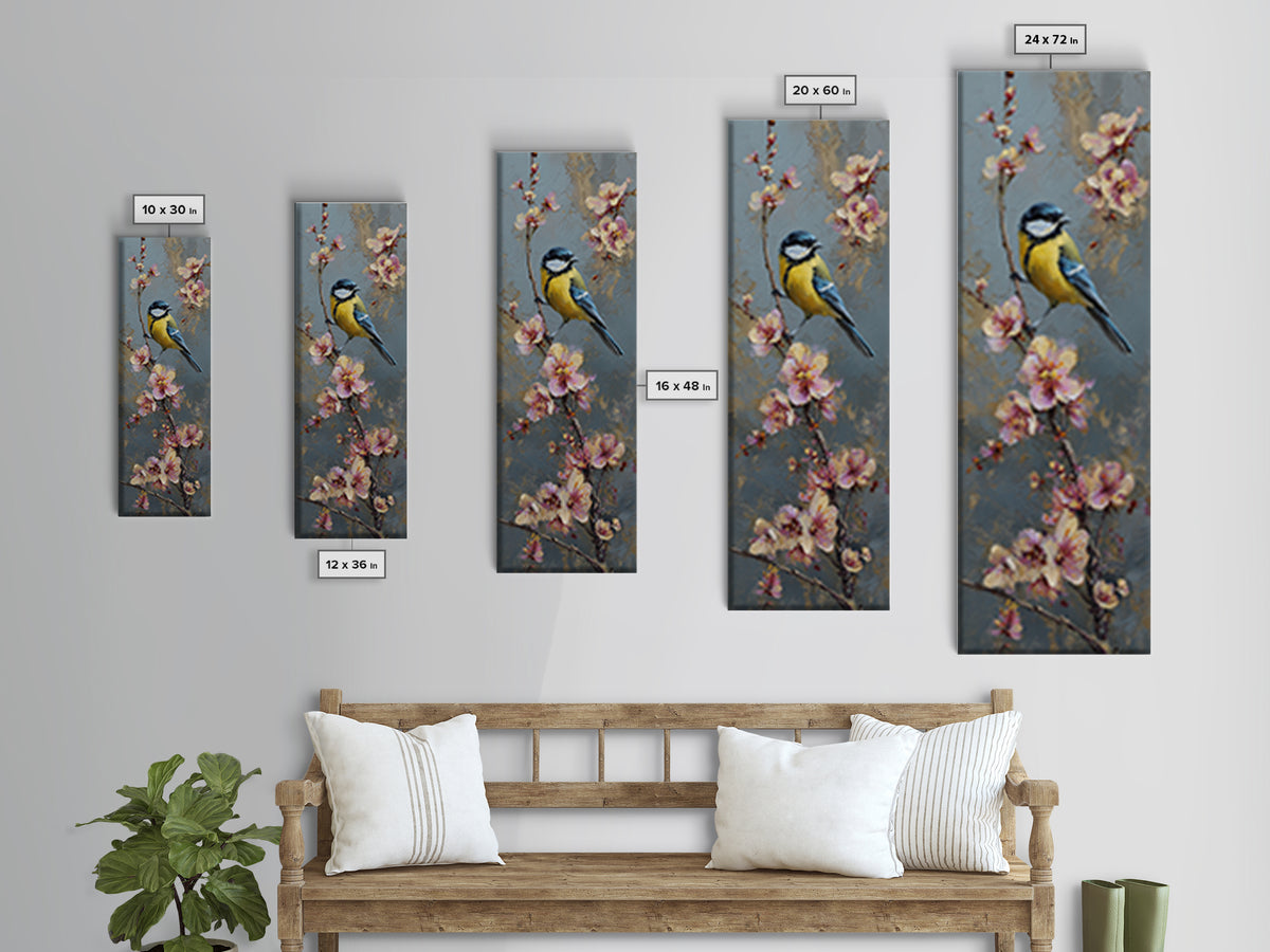 Small Bird on a Flowering Branch Canvas Print, Bed and Breakfast Art, Folk Art, Living Room Decor, Watercolor Art, BAB-1x3-2