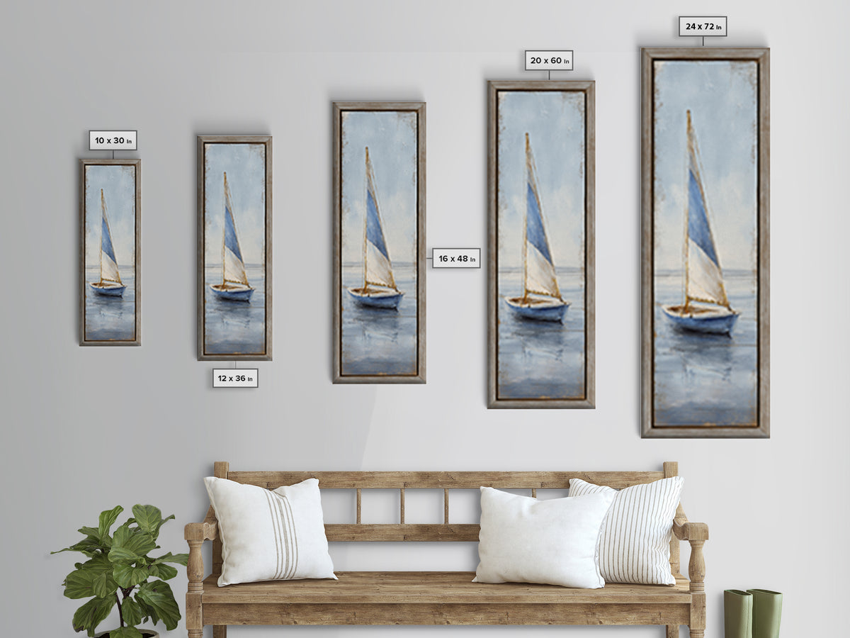 Coastal Inn Sailboat at Sunrise Framed Canvas Print, Bed and Breakfast Art, Textured Painting, Living Room Decor, Fine Art, BAB-1x3-29