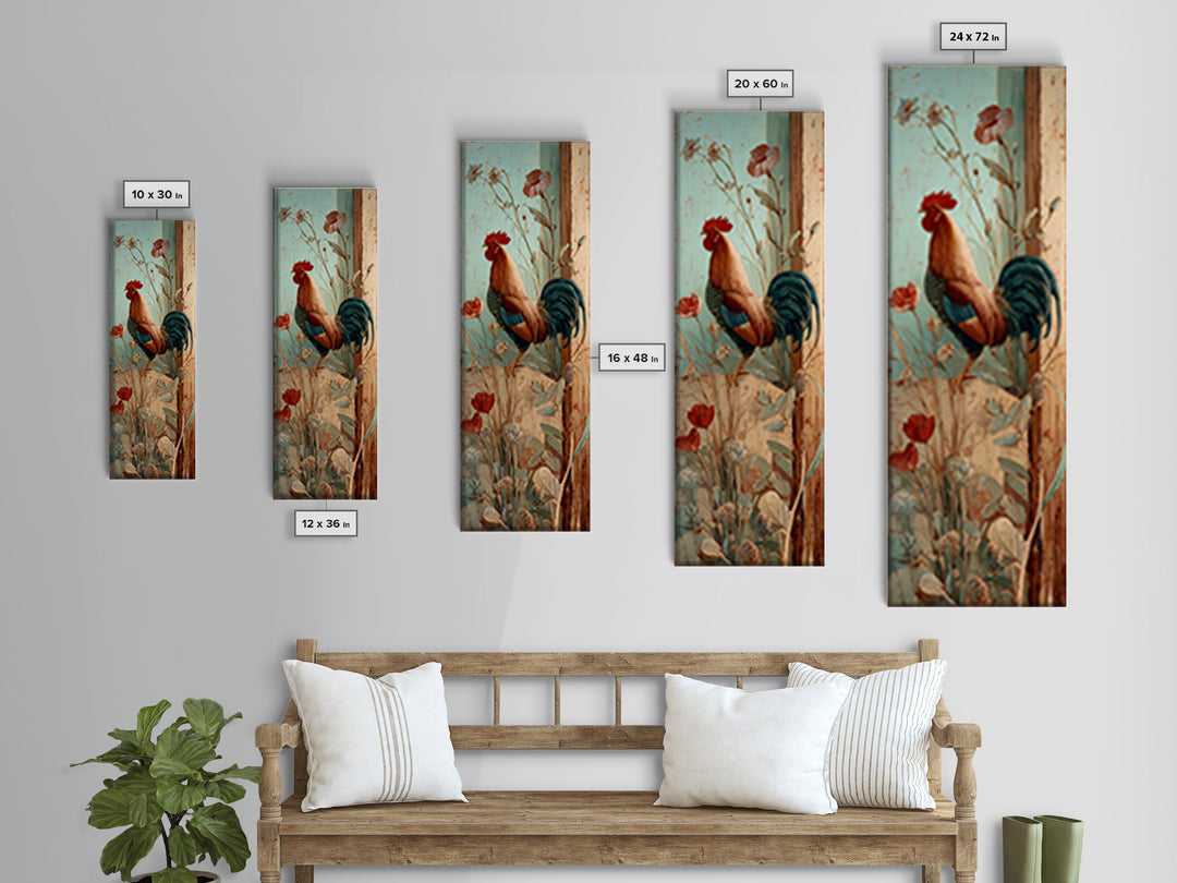 Rooster and Wildflower Country Portrait Framed Canvas Print, Bed and Breakfast Art, Living Room Decor, Fine Art, BAB-1x3-31