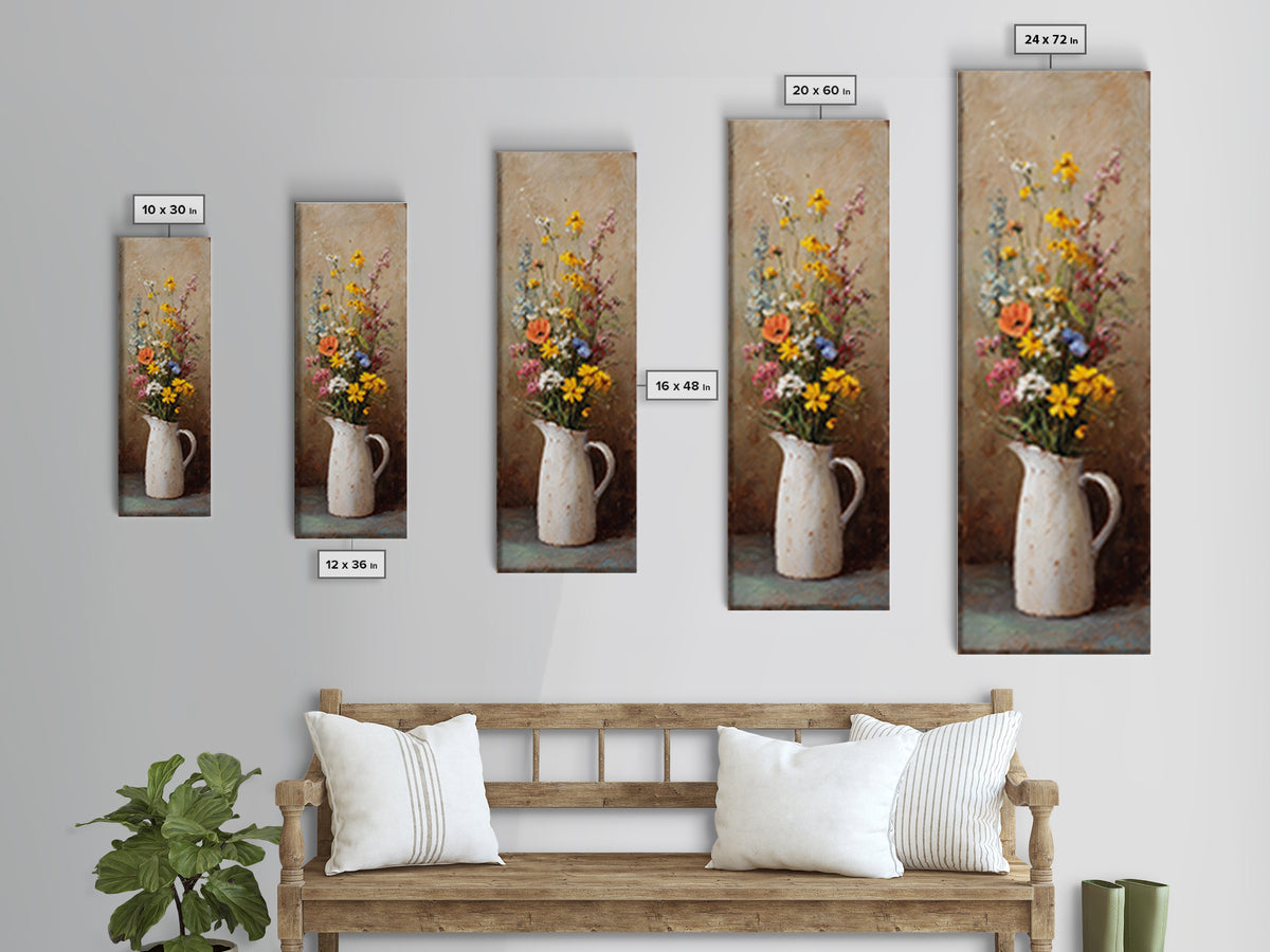 Country Wildflowers in a Chipped Ceramic Pitcher Canvas Print, Bed and Breakfast Art, Minimalist Decor, Living Room Decor, BAB-1x3-37
