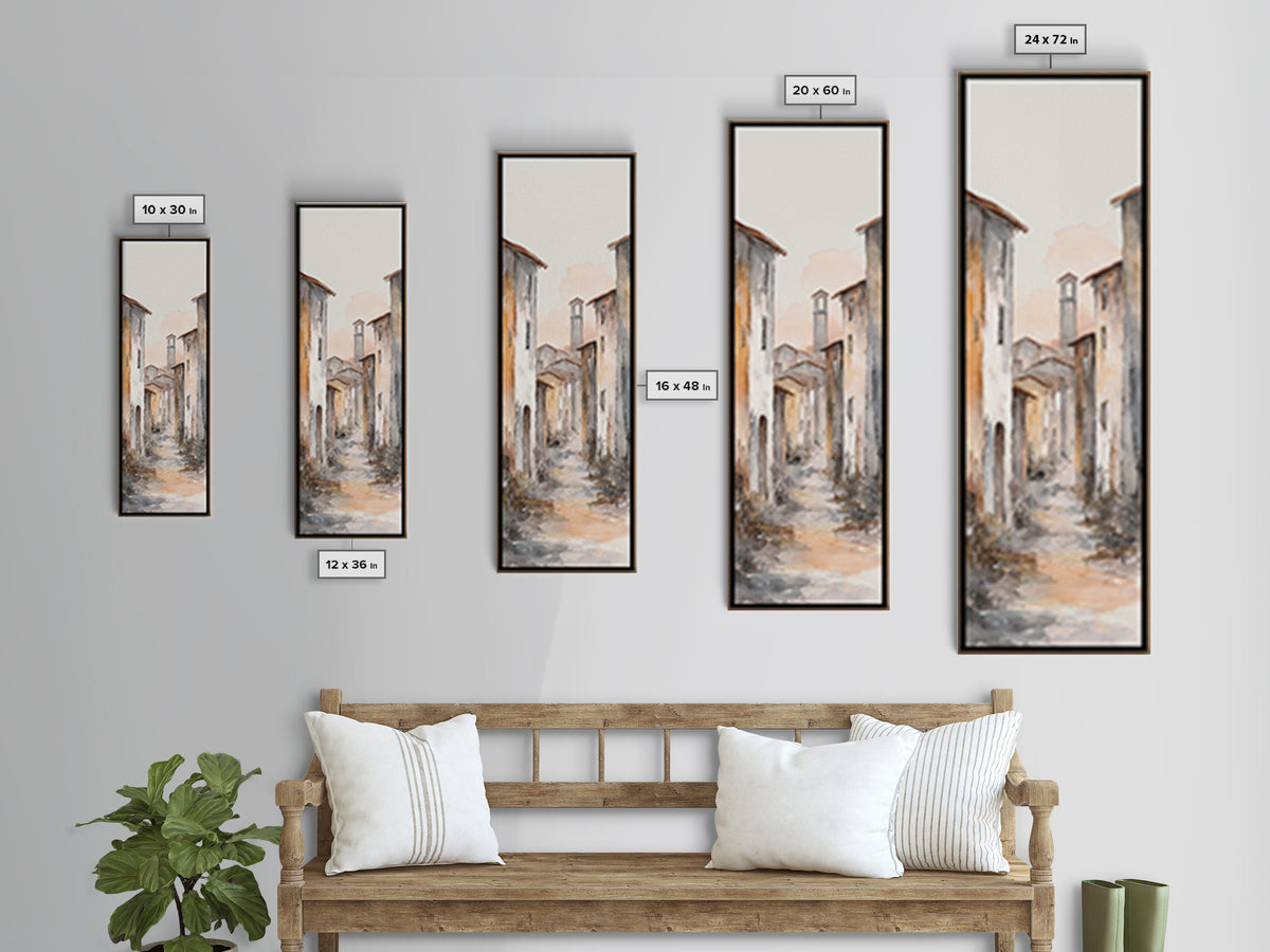 Soft Watercolor Village Street at Dawn Canvas Print, Bed and Breakfast Art, Farmhouse Wall Art, Living Room Decor, Fine Art, BAB-1x3-41