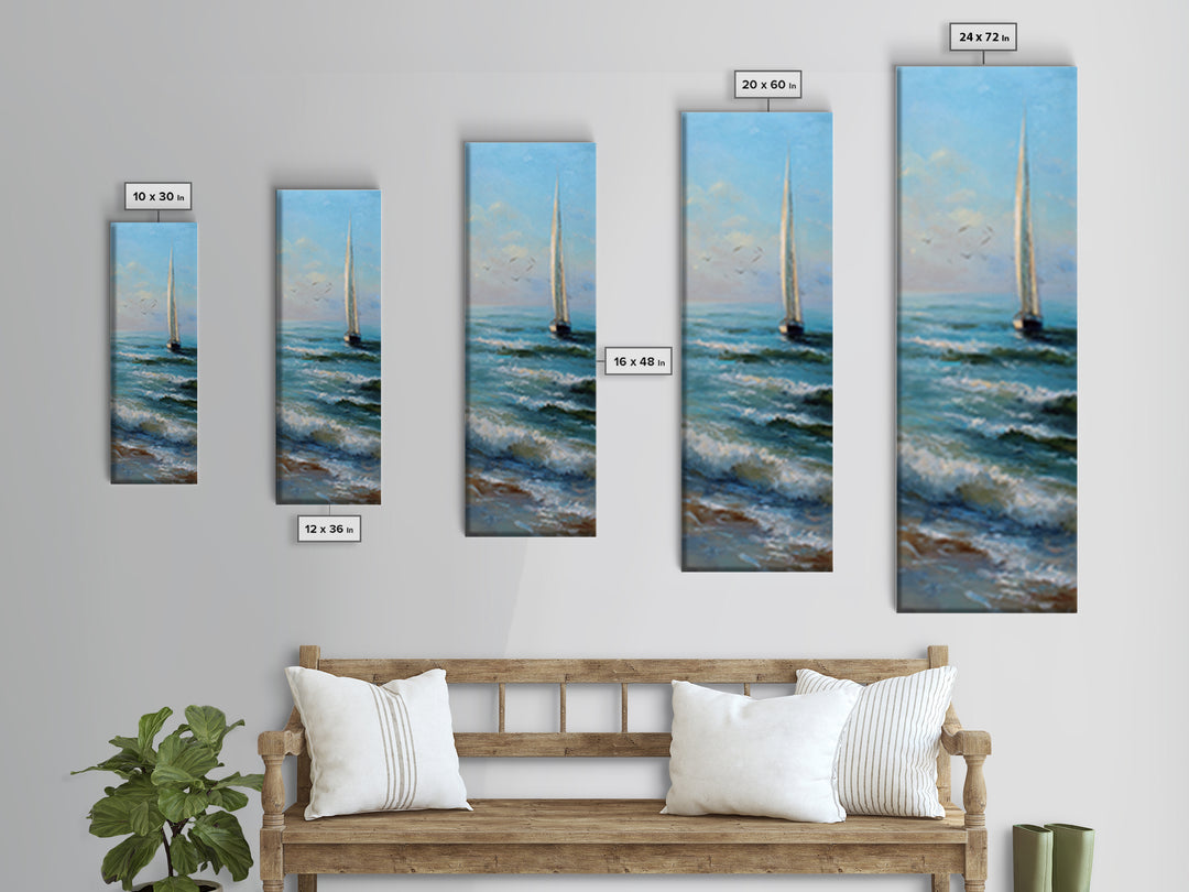 Coastal Inn Sailboat at Sunrise Framed Canvas Print, Bed and Breakfast Art, Textured Painting, Living Room Decor, Fine Art, BAB-1x3-53