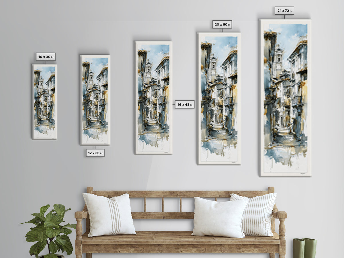 Soft Watercolor Village Street at Dawn Canvas Print, Bed and Breakfast Art, Print, Living Room Decor, Fine Art, BAB-1x3-65
