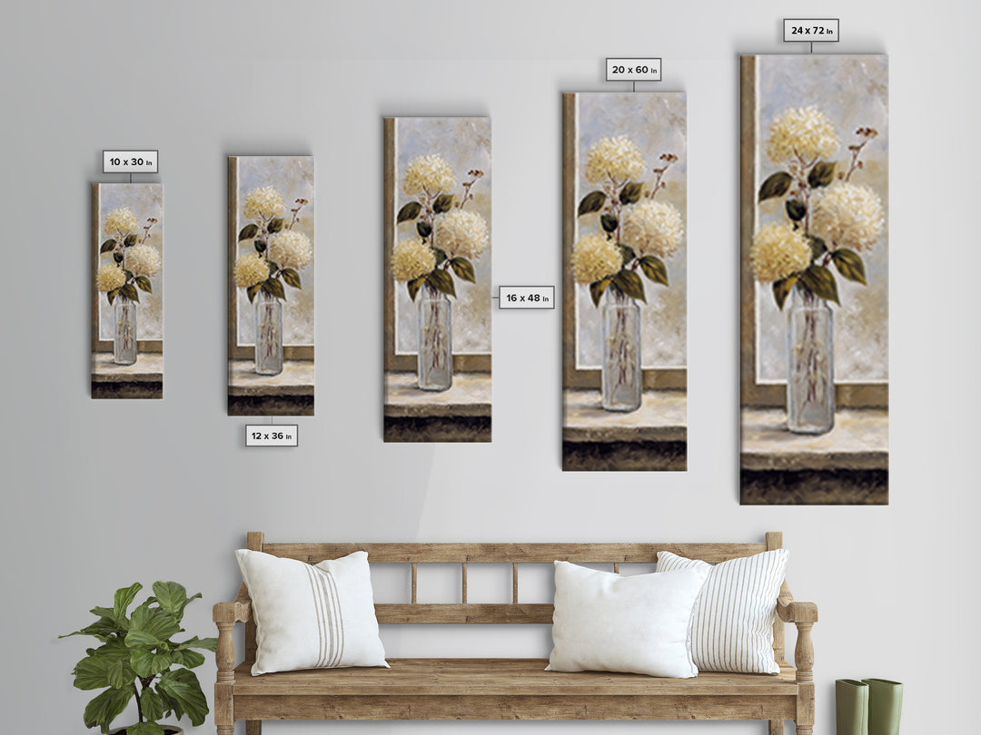 Sunlit Hydrangeas on a Windowsill Framed Canvas Print, Bed and Breakfast Art, Modern Decor, Living Room Decor, Fine Art, BAB-1x3-70