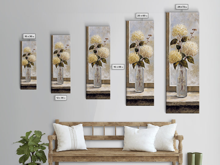 Sunlit Hydrangeas on a Windowsill Framed Canvas Print, Bed and Breakfast Art, Modern Decor, Living Room Decor, Fine Art, BAB-1x3-70