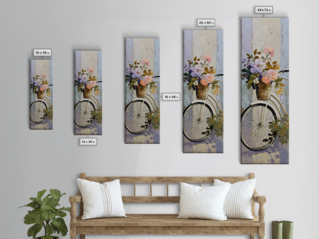 Old Bicycle with Flowers in Basket Framed Canvas Print, Bed and Breakfast Art, Folk Art, Living Room Decor, Watercolor Art, BAB-1x3-83