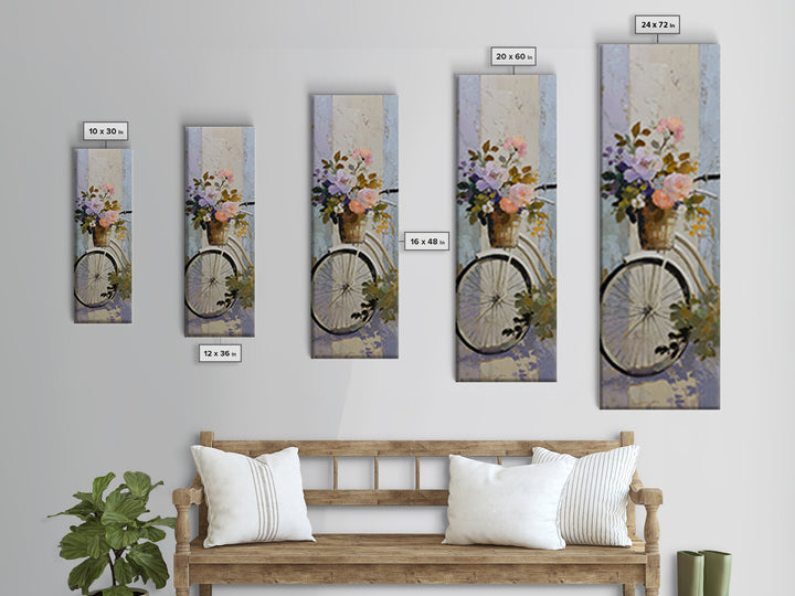 Old Bicycle with Flowers in Basket Framed Canvas Print, Bed and Breakfast Art, Folk Art, Living Room Decor, Watercolor Art, BAB-1x3-83