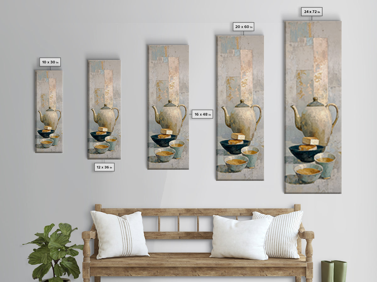 Porcelain Teapot and Scones Framed Canvas Print, Bed and Breakfast Art, Bedroom Prints, Living Room Decor, Abstract Art, BAB-1x3-96