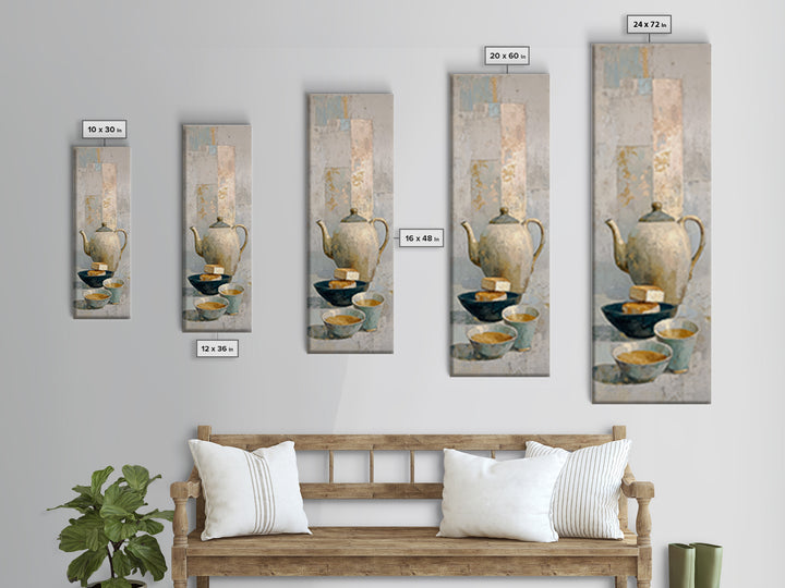 Porcelain Teapot and Scones Framed Canvas Print, Bed and Breakfast Art, Bedroom Prints, Living Room Decor, Abstract Art, BAB-1x3-96