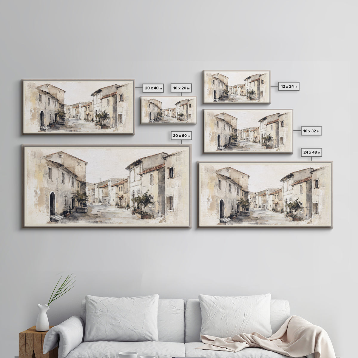 Soft Watercolor Village Street at Dawn Framed Canvas Print, Bed and Breakfast Art, Printable, Living Room Decor, Fine Art, BAB-2x1-1