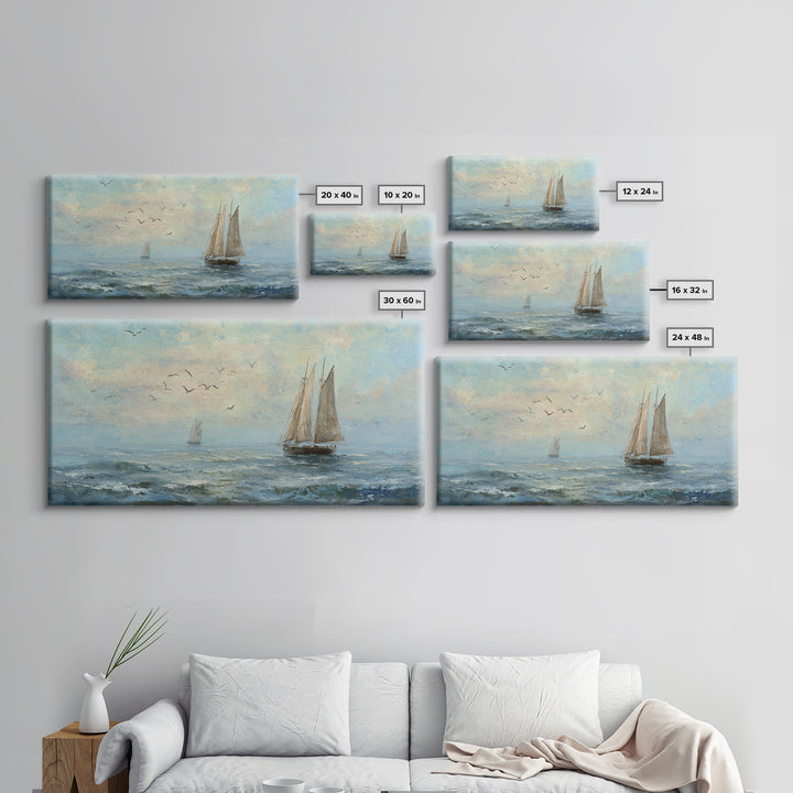 Coastal Inn Sailboat at Sunrise Framed Canvas Print, Bed and Breakfast Art, Print, Living Room Decor, Fine Art, BAB-2x1-13