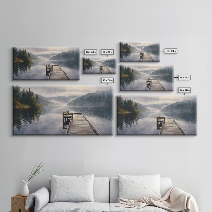 Quiet Lake Dock at Early Morning Framed Canvas Print, Bed and Breakfast Art, Room Decor, Living Room Decor, Fine Art, BAB-2x1-18