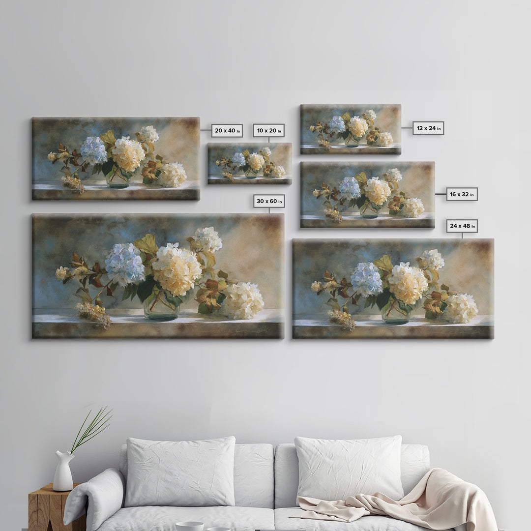 Sunlit Hydrangeas on a Windowsill Framed Canvas Print, Bed and Breakfast Art, Minimalist Decor, Living Room Decor, Fine Art, BAB-2x1-30