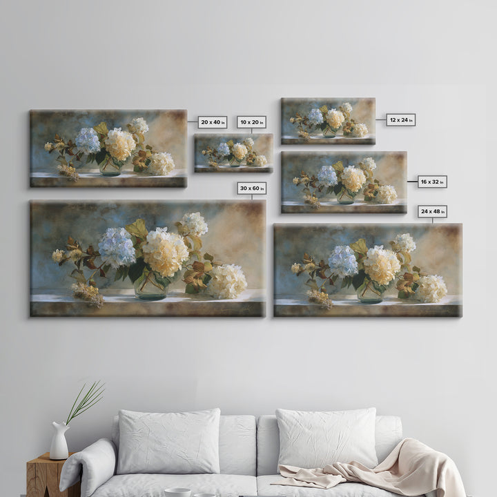 Sunlit Hydrangeas on a Windowsill Framed Canvas Print, Bed and Breakfast Art, Minimalist Decor, Living Room Decor, Fine Art, BAB-2x1-30