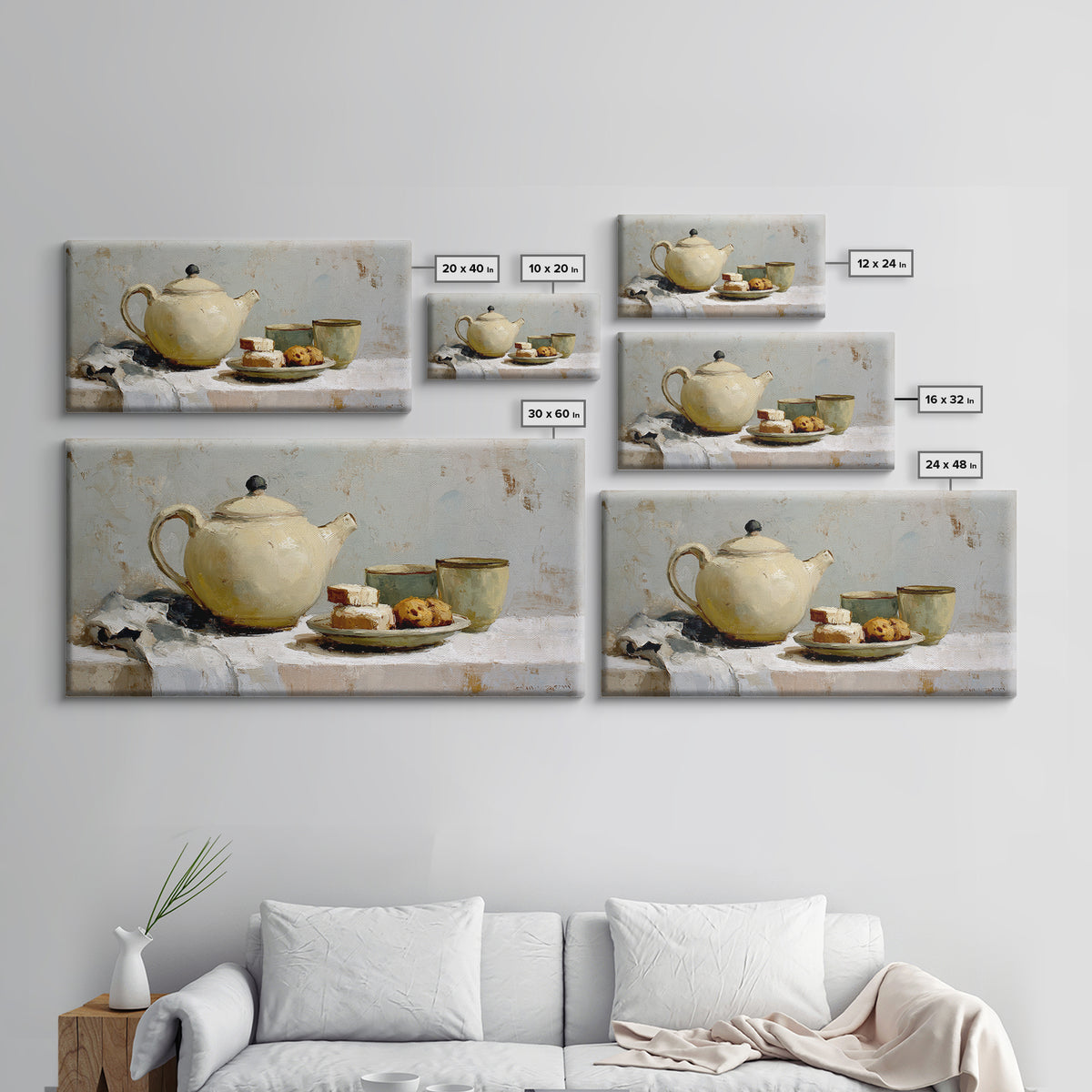 Porcelain Teapot and Scones Canvas Print, Bed and Breakfast Art, Wall Art, Living Room Decor, Oil Painting, Wood Wall Art, BAB-2x1-32