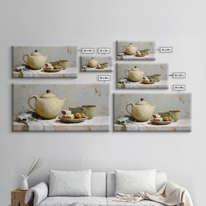 Porcelain Teapot and Scones Canvas Print, Bed and Breakfast Art, Wall Art, Living Room Decor, Oil Painting, Wood Wall Art, BAB-2x1-32