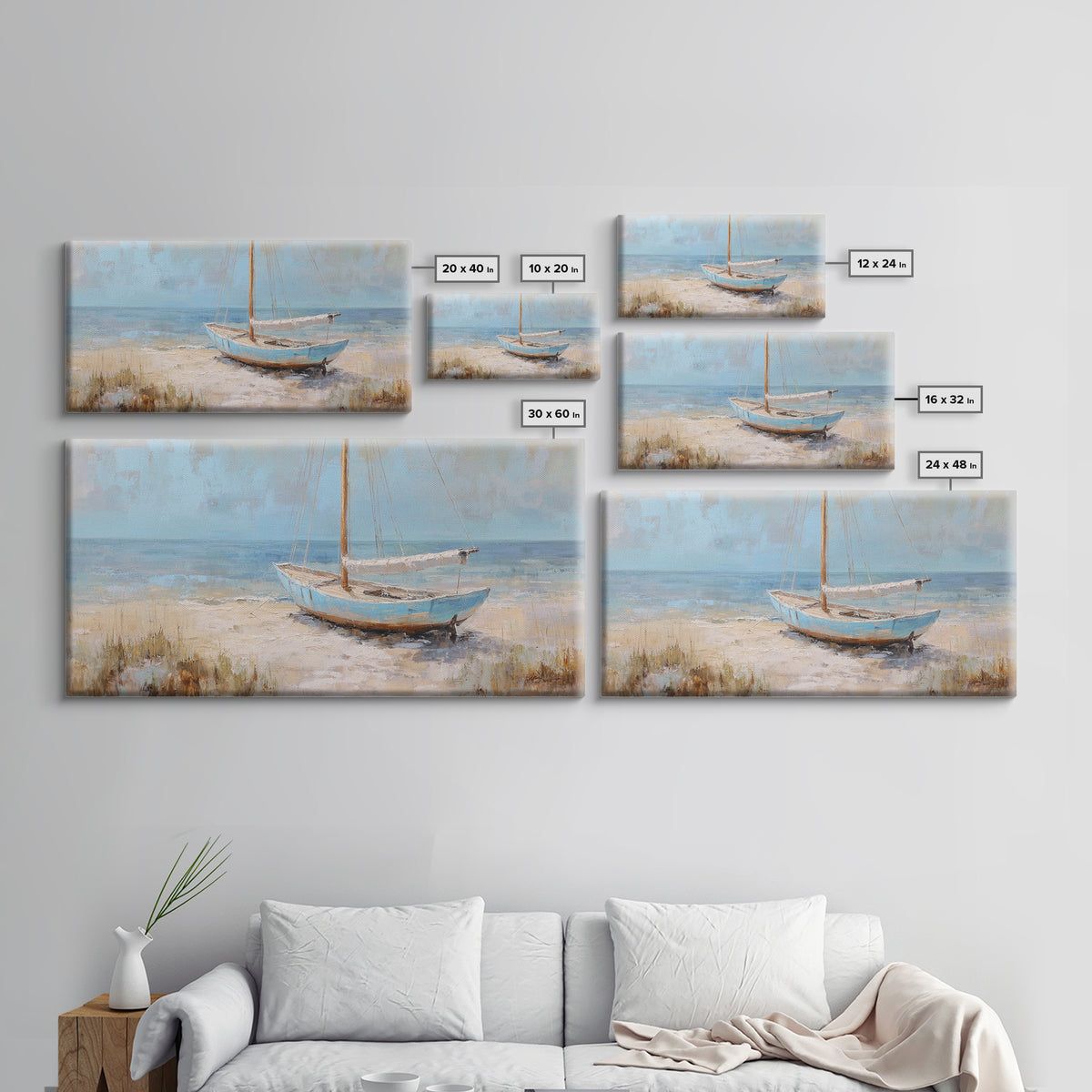 Coastal Inn Sailboat at Sunrise Framed Canvas Print, Bed and Breakfast Art, Print, Living Room Decor, Fine Art, BAB-2x1-37