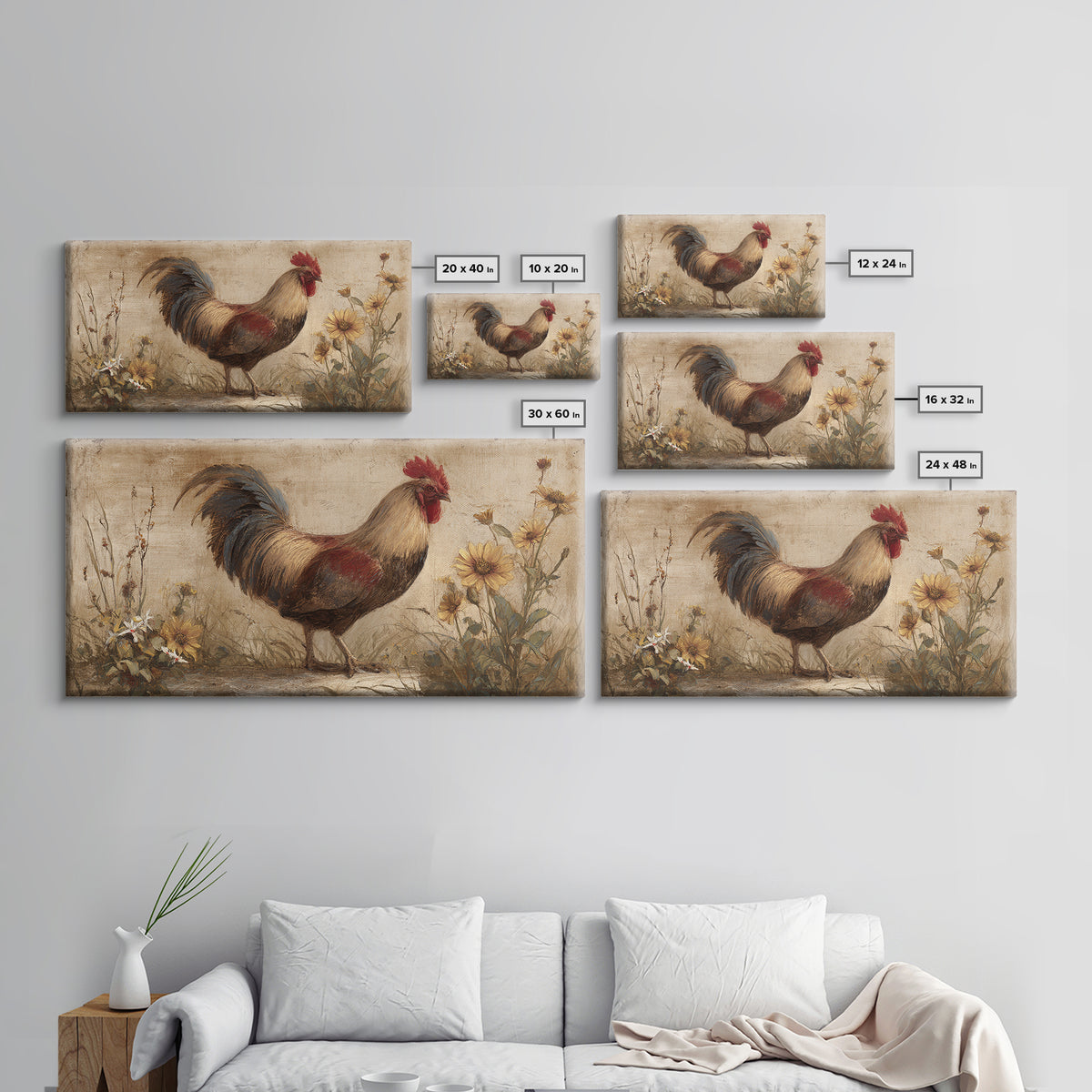 Rooster and Wildflower Country Portrait Canvas Print, Bed and Breakfast Art, Digital Art, Living Room Decor, Fine Art, BAB-2x1-39