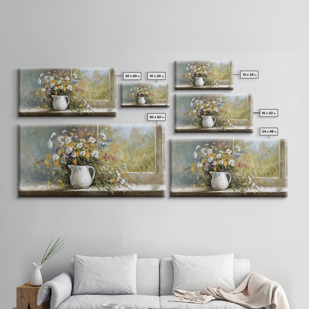 Country Wildflowers in a Chipped Ceramic Pitcher Canvas Print, Bed and Breakfast Art, Wood Wall Art, Living Room Decor, BAB-2x1-45