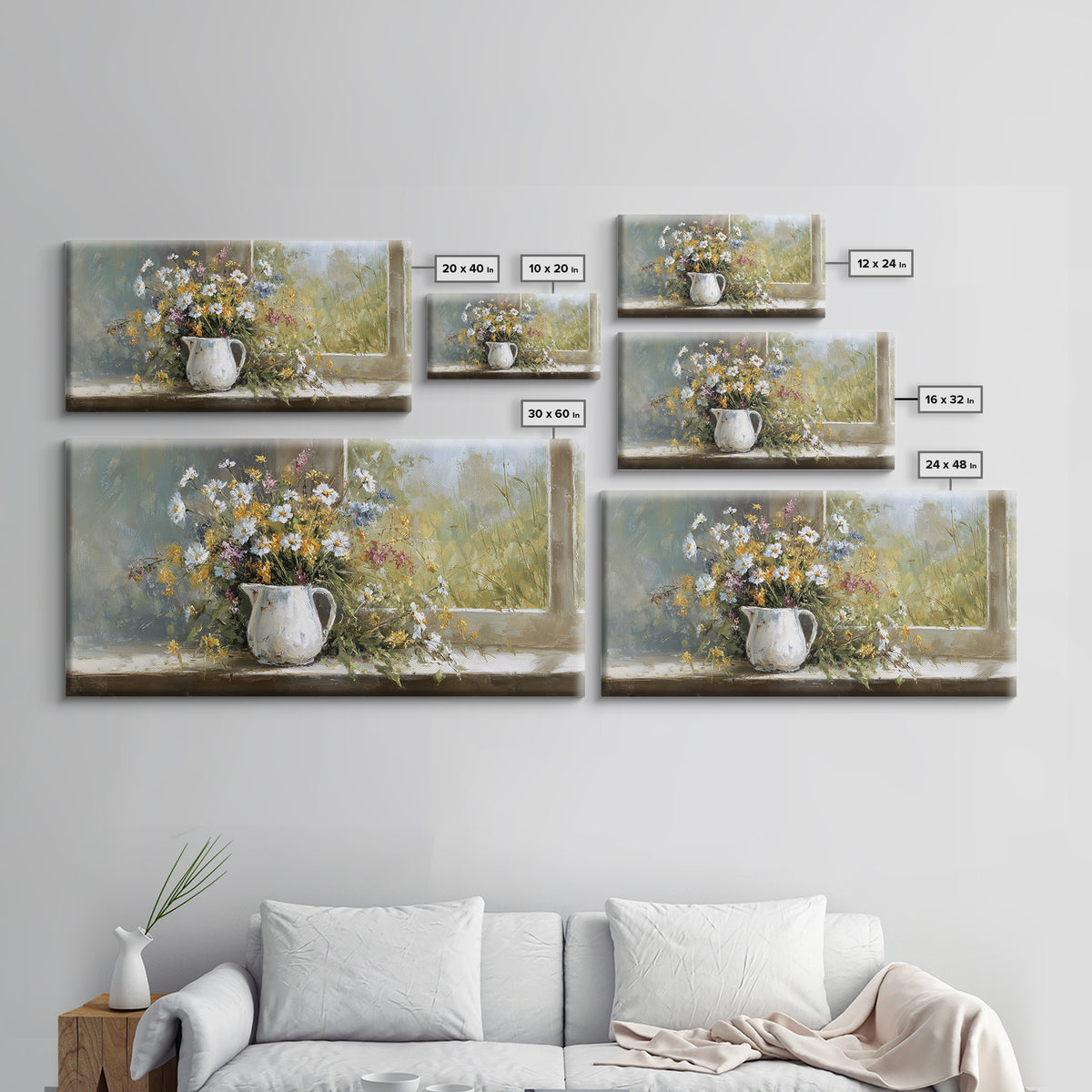 Country Wildflowers in a Chipped Ceramic Pitcher Canvas Print, Bed and Breakfast Art, Wood Wall Art, Living Room Decor, BAB-2x1-45