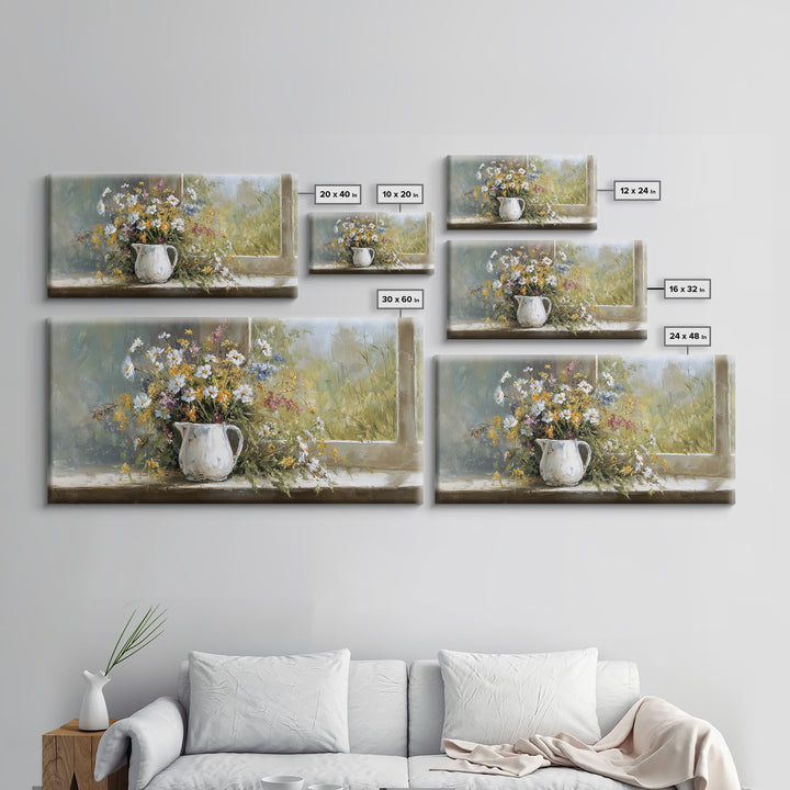 Country Wildflowers in a Chipped Ceramic Pitcher Canvas Print, Bed and Breakfast Art, Wood Wall Art, Living Room Decor, BAB-2x1-45
