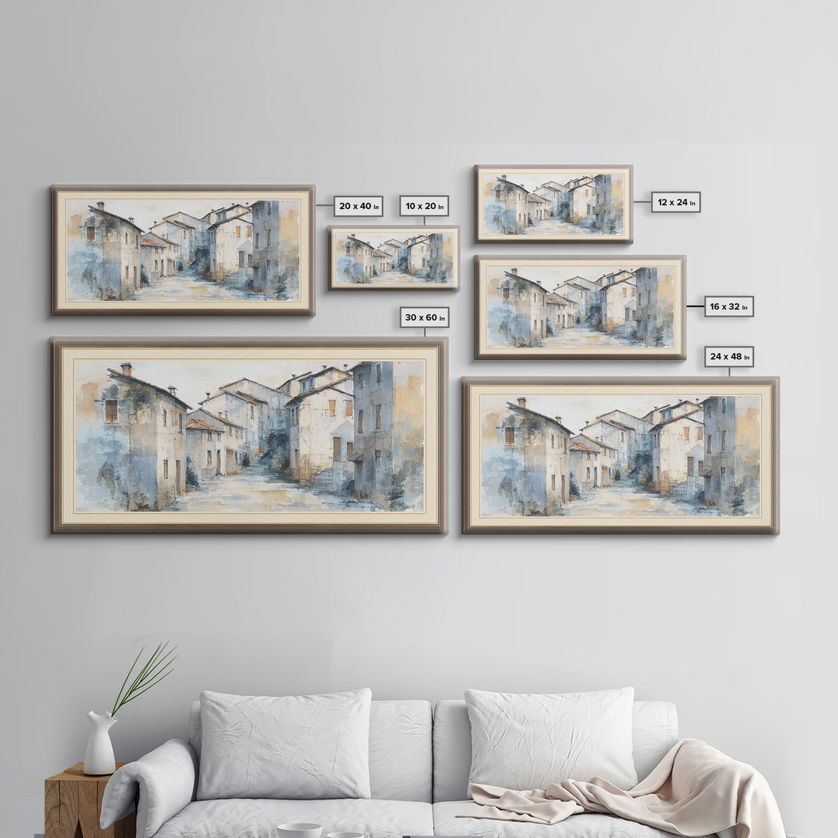 Soft Watercolor Village Street at Dawn Canvas Print, Bed and Breakfast Art, Printable Art, Living Room Decor, Fine Art, BAB-2x1-49
