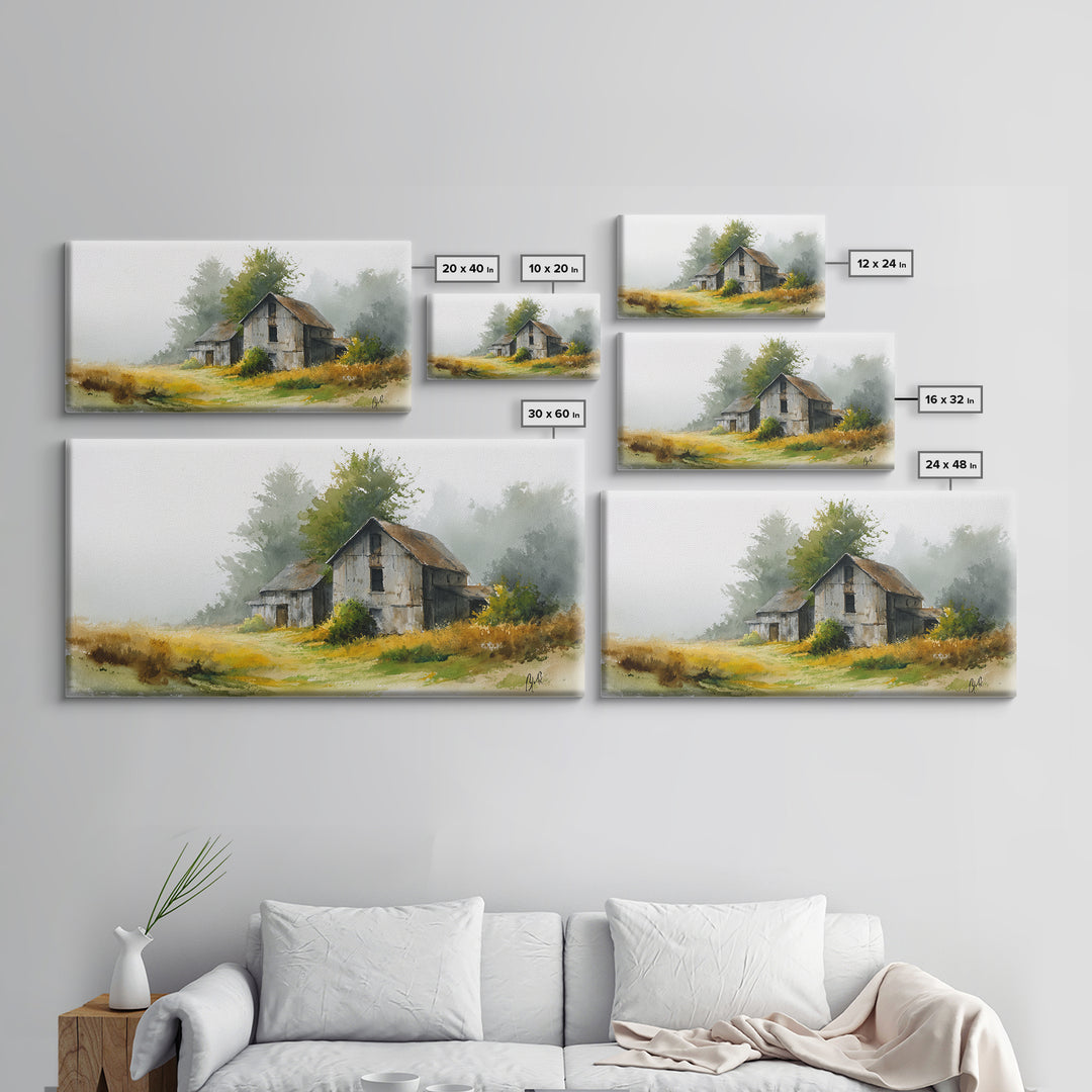 Old Farmhouse Landscape Framed Canvas Print, Bed and Breakfast Art, Living Room Decor, Watercolor Art, Folk Art, BAB-2x1-51