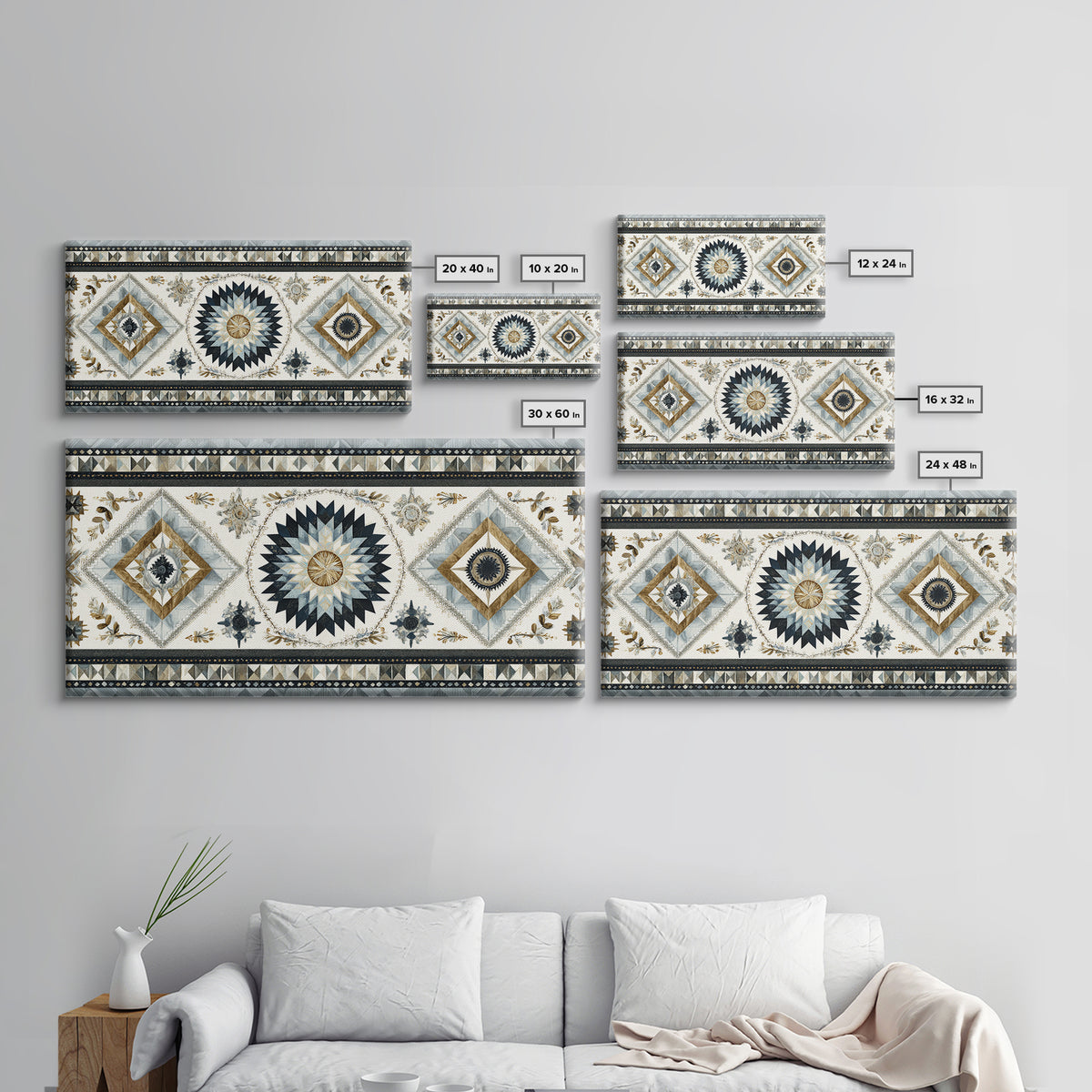 Quilt Pattern Folk Art Composition Framed Canvas Print, Bed and Breakfast Art, Dopamine Decor, Living Room Decor, Fine Art, BAB-2x1-55
