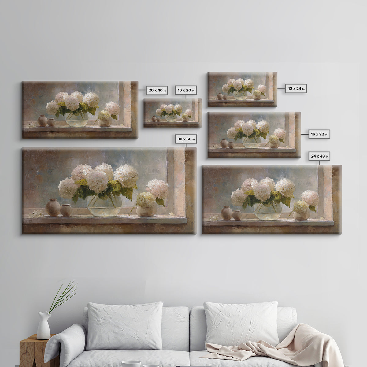 Sunlit Hydrangeas on a Windowsill Framed Canvas Print, Bed and Breakfast Art, Minimalist Decor, Living Room Decor, Fine Art, BAB-2x1-6