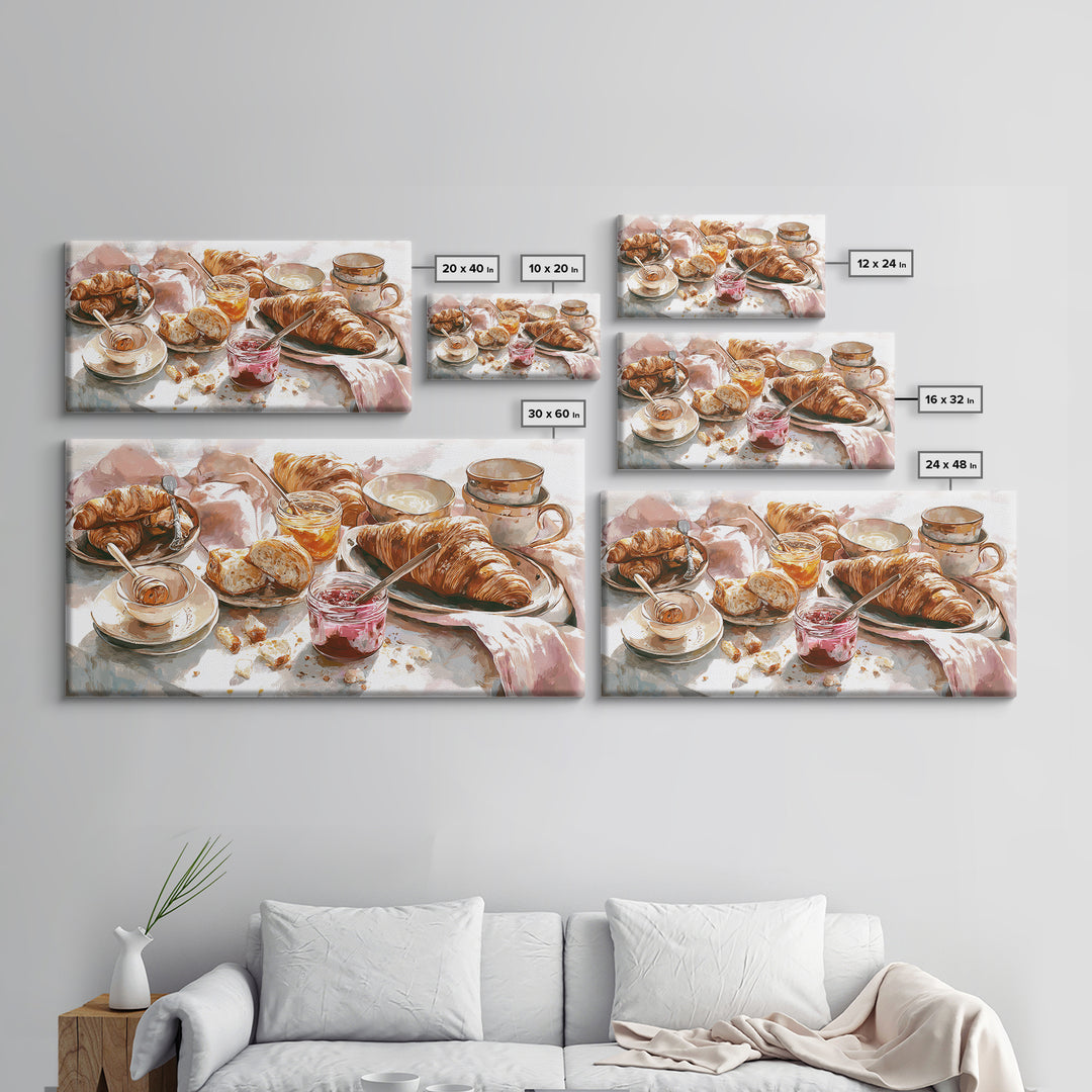 Fresh Croissants and Jam on a Linen Canvas Print, Bed and Breakfast Art, Printable, Living Room Decor, Fine Art, BAB-2x1-70