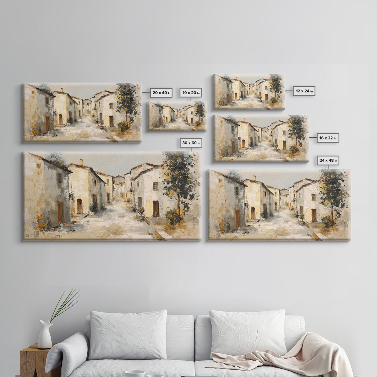 Soft Watercolor Village Street at Dawn Canvas Print, Bed and Breakfast Art, Printable Art, Living Room Decor, Fine Art, BAB-2x1-73